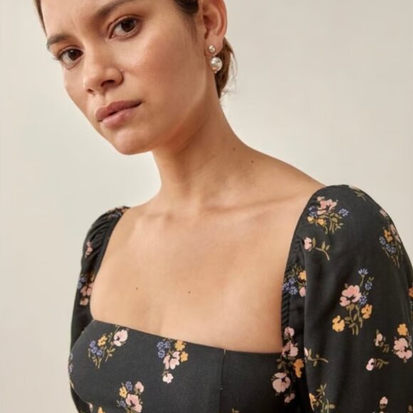 REFORMATION Mica Floral Midi Smocked Puff Sleeves Dress in Evita size 6/8 - Picture 4 of 11